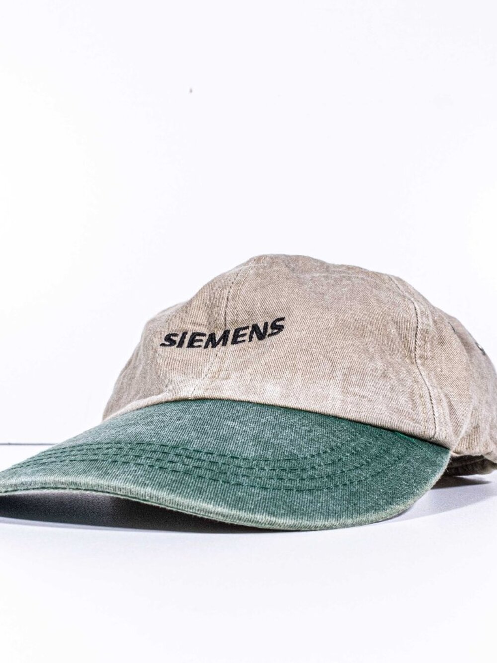 Vintage Siemens Hat Beige Green Strapback Dad Cap Corpcore Tech Promo Earth Tone